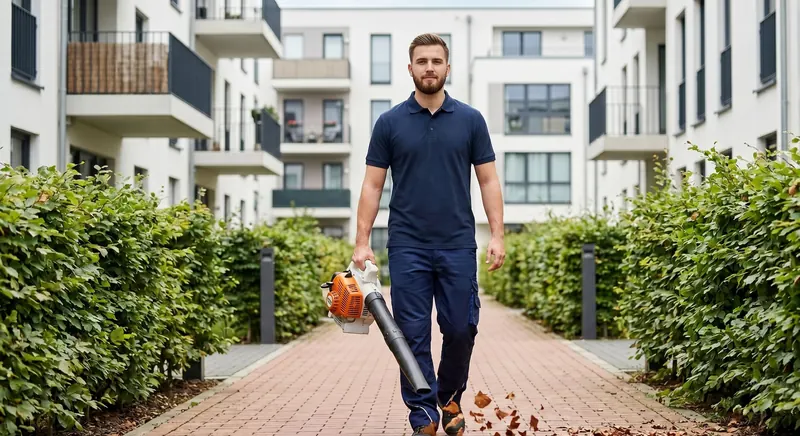 Mitarbeiter bläst Laub von einem gepflasterten Weg zwischen Hecken einer Wohnanlage