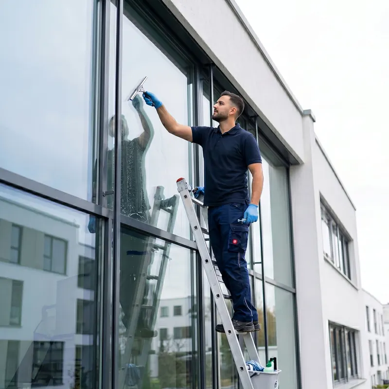 Fensterreiniger auf einer Leiter an der Glasfront eines Gewerbegebäudes
