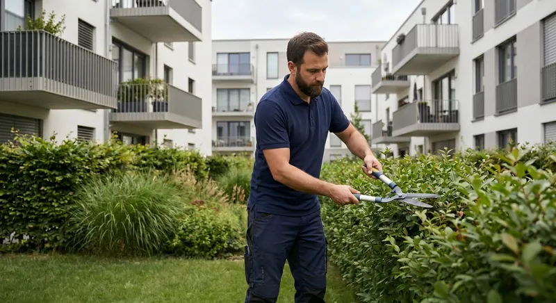 Mitarbeiter schneidet eine Hecke an einer Wohnanlage