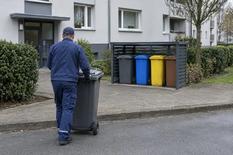 Hausmeister stellt eine Mülltonne vor einem Mehrfamilienhaus zur Abholung bereit
