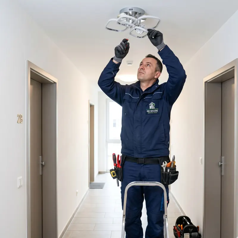 Hausmeister montiert auf einer Leiter eine Deckenleuchte im Hausflur
