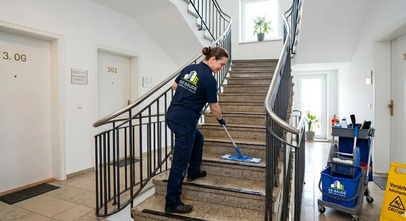 Reinigungskraft wischt die Steinstufen eines Treppenhauses in einem Mehrfamilienhaus