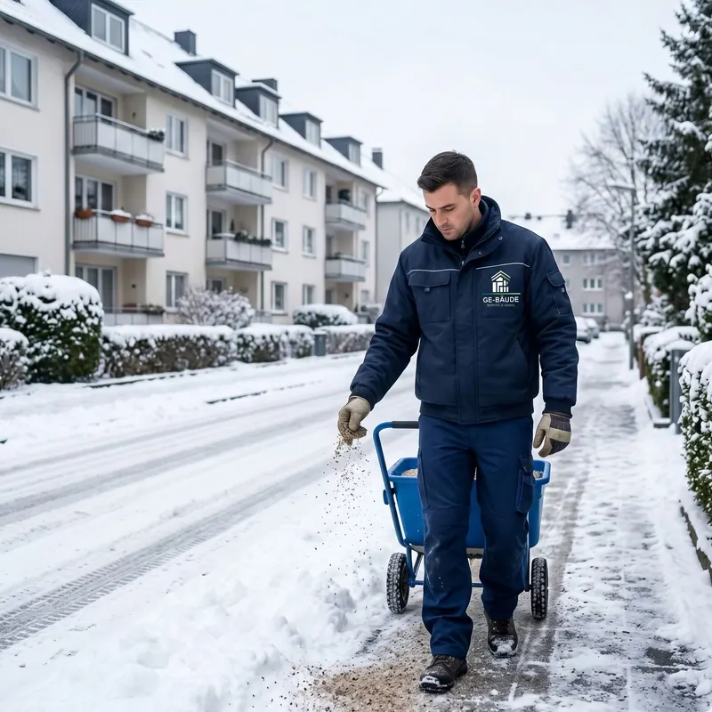 Mitarbeiter streut den geräumten Gehweg vor einer Wohnanlage