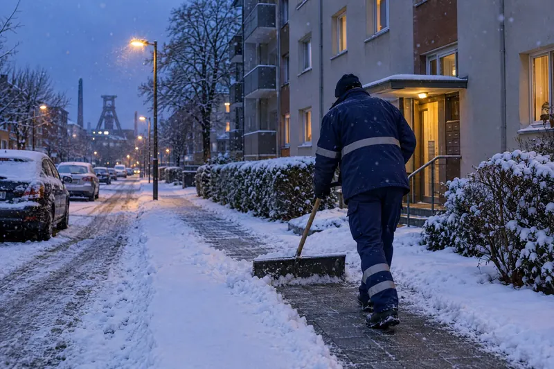 Mitarbeiter räumt am frühen Morgen Schnee vom Gehweg vor einem Mehrfamilienhaus